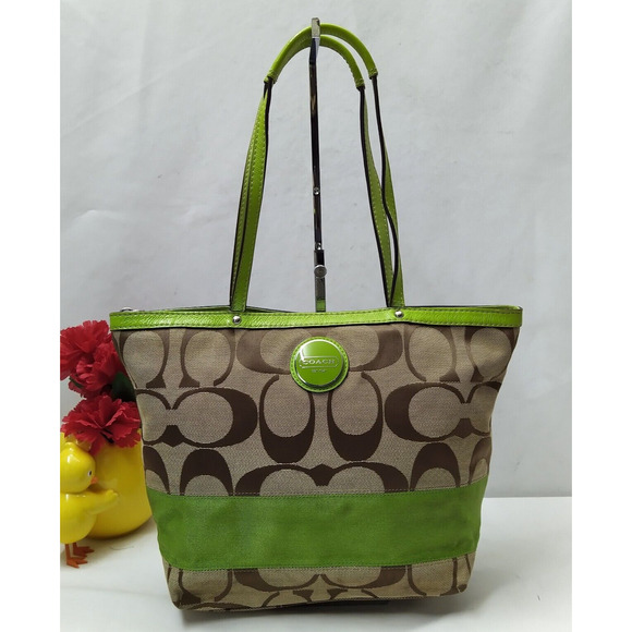 Coach Signature Brown Canvas Green Stripe Doubel Handle Zipper Tote Bag - Picture 1 of 16